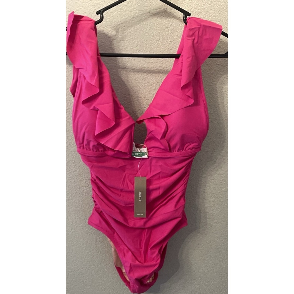 NEW J.Crew Ruffle V-Neck One-Piece Swimsuit Women's Size 2 Pink BP222 Barbiecore